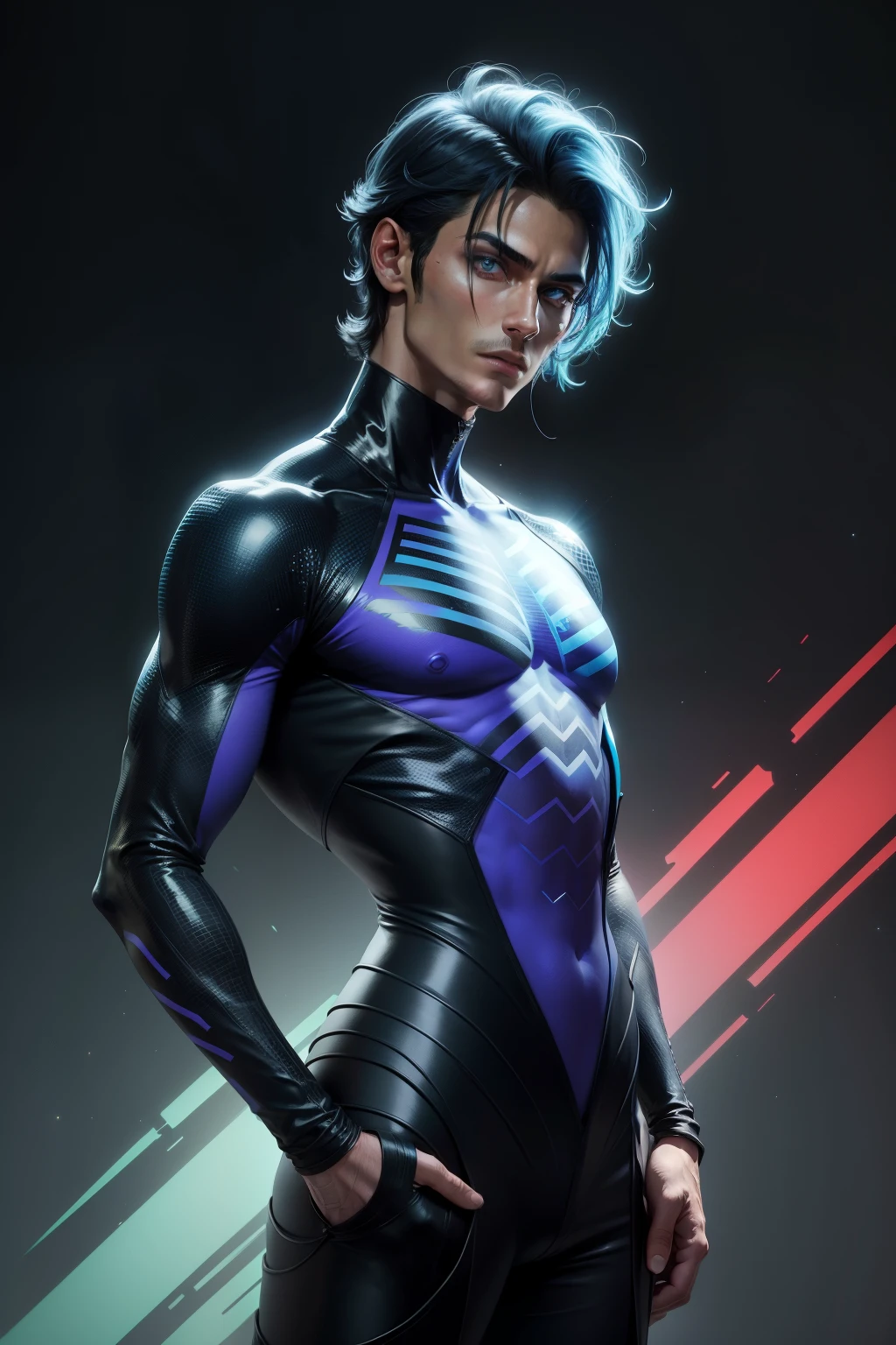 (masterpieces, best quality:1,2),1boy, solo, nightcrawler x-men, (blue demon), yellow eyes, colored skin, (((colored dark blue skin))), ((texture no human))), (((face texture human))) ((slim body), (((short blue hair))), (((three fingers))), demon blue tail, ((black and red uniform)), full body, ((arobatic)), in the air, in flight