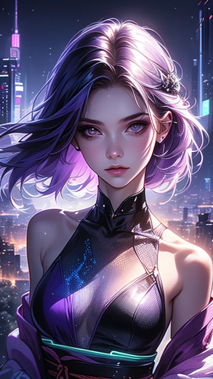 4K, A high resolution, Best quality at best, masterpiece, perfect colors, perfect shadow, perfect litthing, ((sportrait)), 1woman, fit-muscled body, face close up, bright yellow eyes, dark blue hair , blue eyes, With round lenses, detail in eyes, The audience watched carefully, (s face: 1.2), Perfect female figure, ((standing)),  ((neon light purple Tight crop top leather suit)), ((shy and looking at viewert)), (Perfect thick white eyebrows) Delicate fur, 详细s face, s the perfect face, At a  fantasy industrial city , (model pose standing), energetic background, perfect  city skyscape,  lighting atmosphere, ((Bonifasko lighting)), (The round lenses on his eyes)(詳細な目), Perfect student, face close up