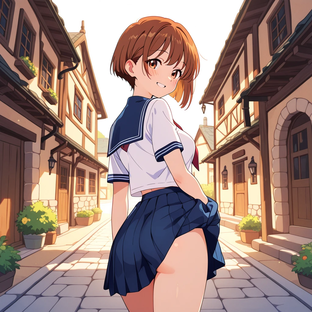 A girl,iseri nina,wearing a white shirt, a strap tie, a red duffle coat, and a skirt.having 3bills,skirt lifting by a hand,white lace panties,full face blush,embarrassed, night street at downtown, masterpiece, best quality, absurdres,
