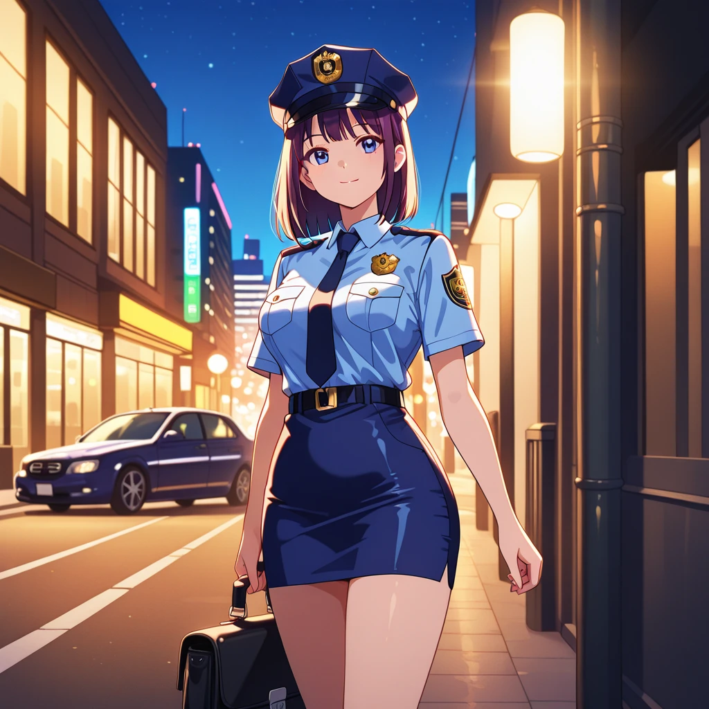 (masterpiece), (best quality), (high res),1girl, tall body, brown hair, medium hair, purple eyes, beautiful detailed eyes, beautiful detailed face, cute face, perfect hands, complete fingers, perfect anatomy, perfect proportions, ((hat, dark blue police hat)), ((leotard, matching leotard, bare legs)), ((boots, matching boots)), breasts, medium breasts, fingerless gloves, (full body portrait), looking at viewer, solo, solo focus, standing, police uniform, cowboy shot, tokyo street station backdrop, indoors, (belt, tight belt), (armbands, white sleeves), full body costume design. 