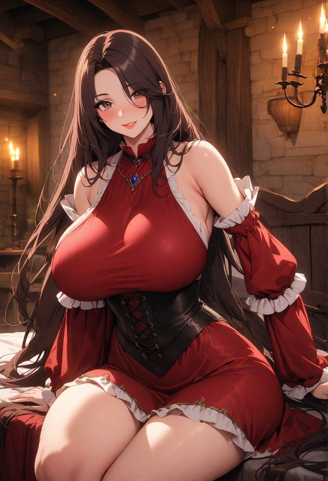 Fair skin, 19歳くらいのセクシーなRussian女性, Natural Hair, characteristic green eyes, Wear Call, Curvaceous and elegant, beautiful, Medieval atmosphere candlelight, Ultra-sharp focus, Realistic shots, Medieval women's clothing, Four-color , Russian Shoulder exposed,,(Lifting the hem of her skirt to show her vagina)、Spread your legs out to the side,On the bed, expression, (heavy chest:1.1, ), huge breasts), (heavy chest:1.1, )、Exposed shoulders、