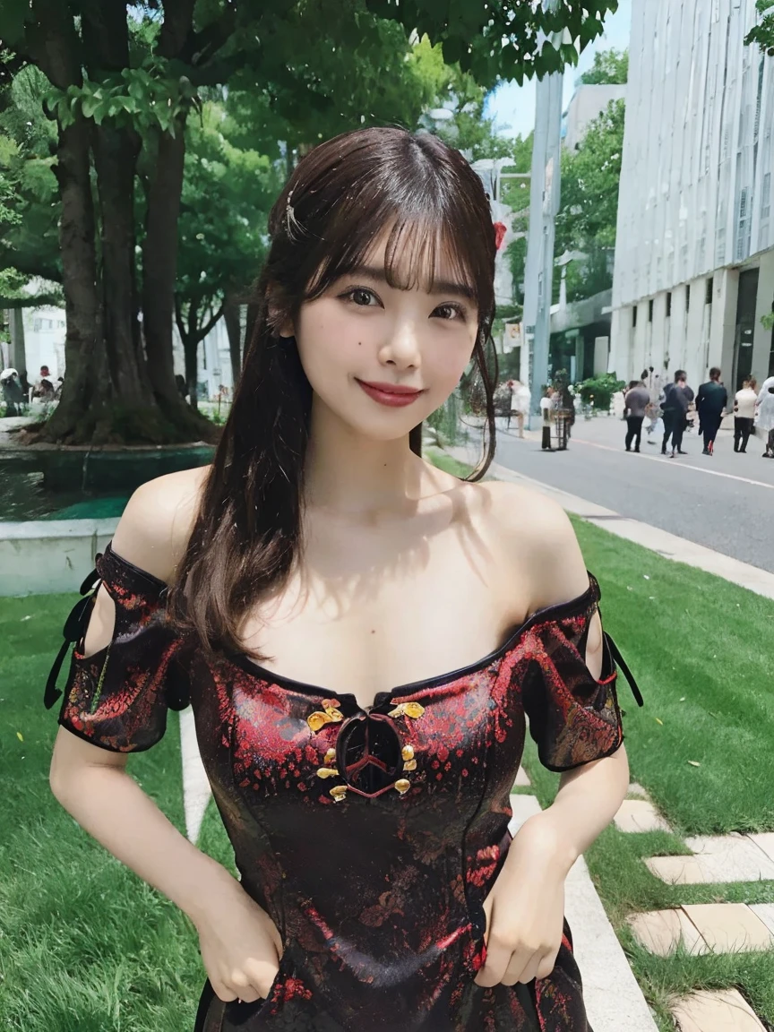 (masterpiece:1.4), (best quality:1.4), ultra high res, ultra high resolution, ((detailed facial features)), HDR, (realistic, photorealistic, photo-realistic:1.37), full body Esbian, sexy Thai model, (-anime), vivid colors, ((vivid colors multicolor (red, fuchsia) very short hair)), ((seductive smile)), lip-gloss, long lashes, ultra detailed metallic makeup, defined eyebrows, wearing large sparkling colorful jewelery, (wearing a red silk Paradise Kiss cosplay dress with black floral embroidery), ((vivid colors outfit)), vivid colors, look at the camera, cinematic light, large park background with trees, sweet and sexy pose