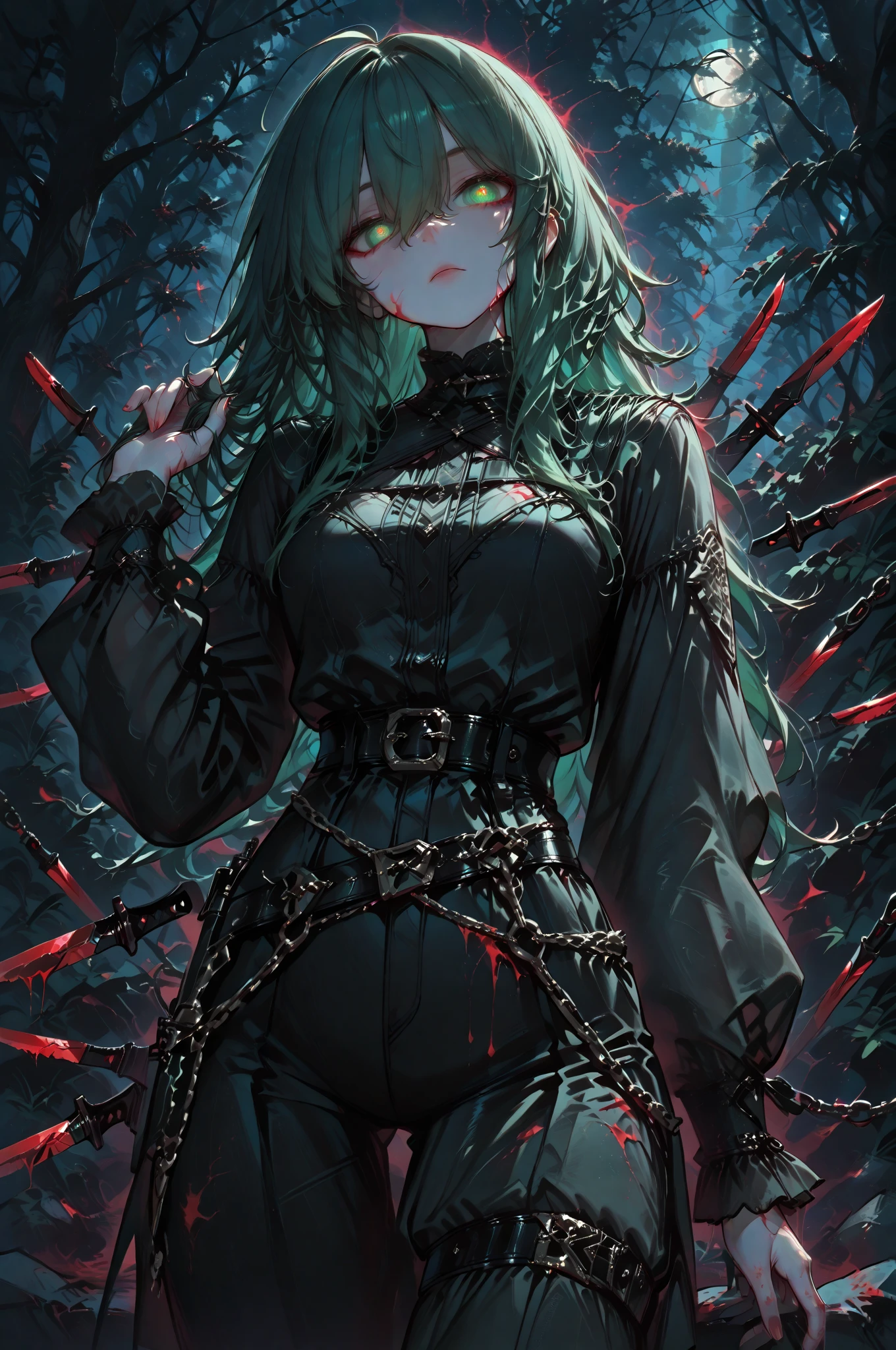((best quality, masterpiece, 4k, 8k, high res)), ((furry; Anthro Wolf)), moist, tentacles ripping through skin, glowing eyes, teeth and fangs, eldritch transformation, body horror, green hair, attacking, ferocious, fangs, full body, female werewolf, sexy, vibrant colors, (edgy punk hairstyle), knight armor, well-toned abs, Victorian dress, goth corset,