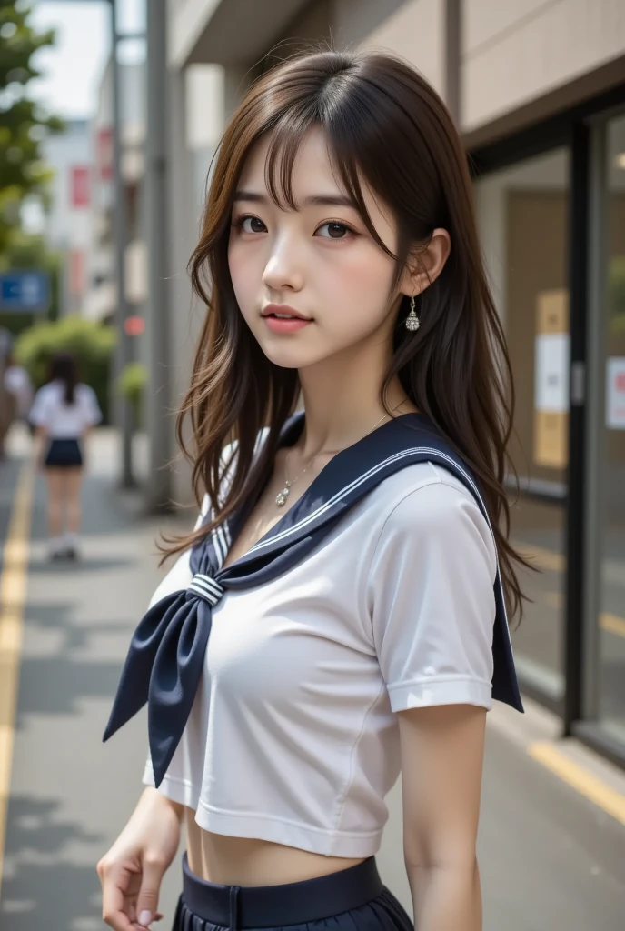 (close up:1.5), raw ((Portrait)), (Best Quality), (Realistic, Photorealsitic:1.3), Best Quality, masterpiece, extremely delicate and beautiful, Extremely detailed ,nffsw , amazing, finely detail, Highly detailed ticker Unity 8k wallpaper, huge filesize , Ultra-detailed, high resolution, Extremely detailed, Strong winds are blowing,  low pony tail,  (((a sailor suit))),  (((Junior High School Uniforms:1.2))),((Navy Blue Check Pleated Skirt Long Length:1.4)), (((a high school student))), slender, (tiny chest:1.6), Dynamic Pose, dynamic angle, ((nffsw)), Hair blown in the wind