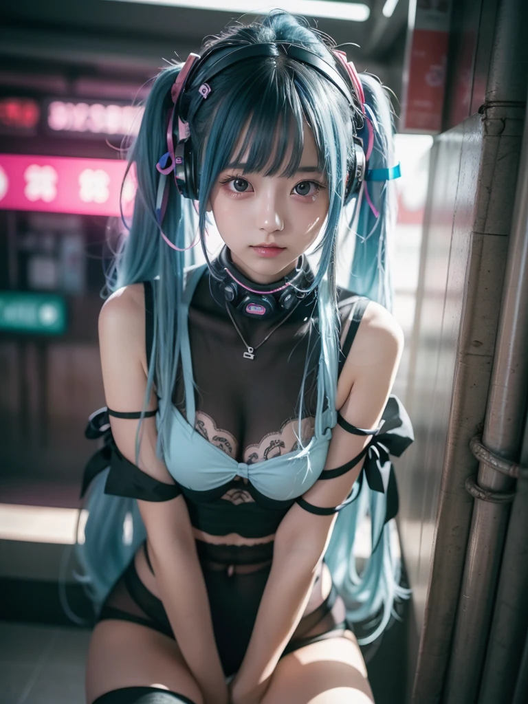 Masterpiece, Best Quality, Hatsune Miku, Girls, Slender, Rainbow Color Eyes, Hair Color, Iridescent, Long Hair Spreads, White Skin, Medium, Cute, Sexy, Halo, Near Future, Bikini, Too Exposed Skin, Psychedelic, Trip, Extreme Color, Paisley, Extreme Color, Cyberspace, Cyberpunk, Mandala Theme, Open Legs, Eyeshadow, False Lashes, Blushing, Left Arm of Machine, Smile, Systemic