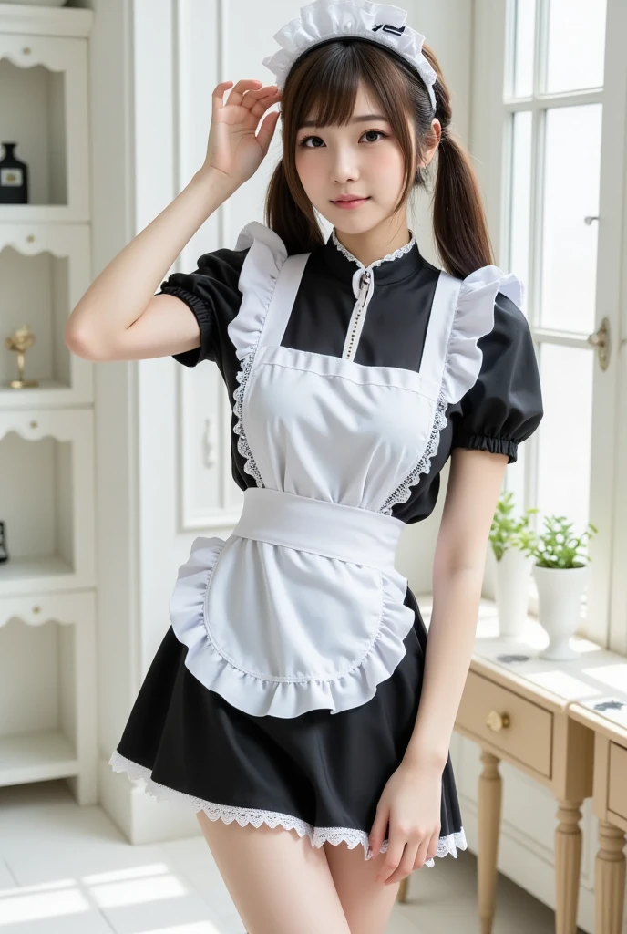 (8K Photo Quality、Ultra-high resolution、whole bodyショット、Thighasterpiece, Highest quality),1 girl, 16-year-old girl、alone, ((whole body))、Mini apron、(((white frilly maid apron)))、((The apron is made of lace fabric.))、(( Look up a little, Make a kissing face.)))、Kiss welcomes photographers、
