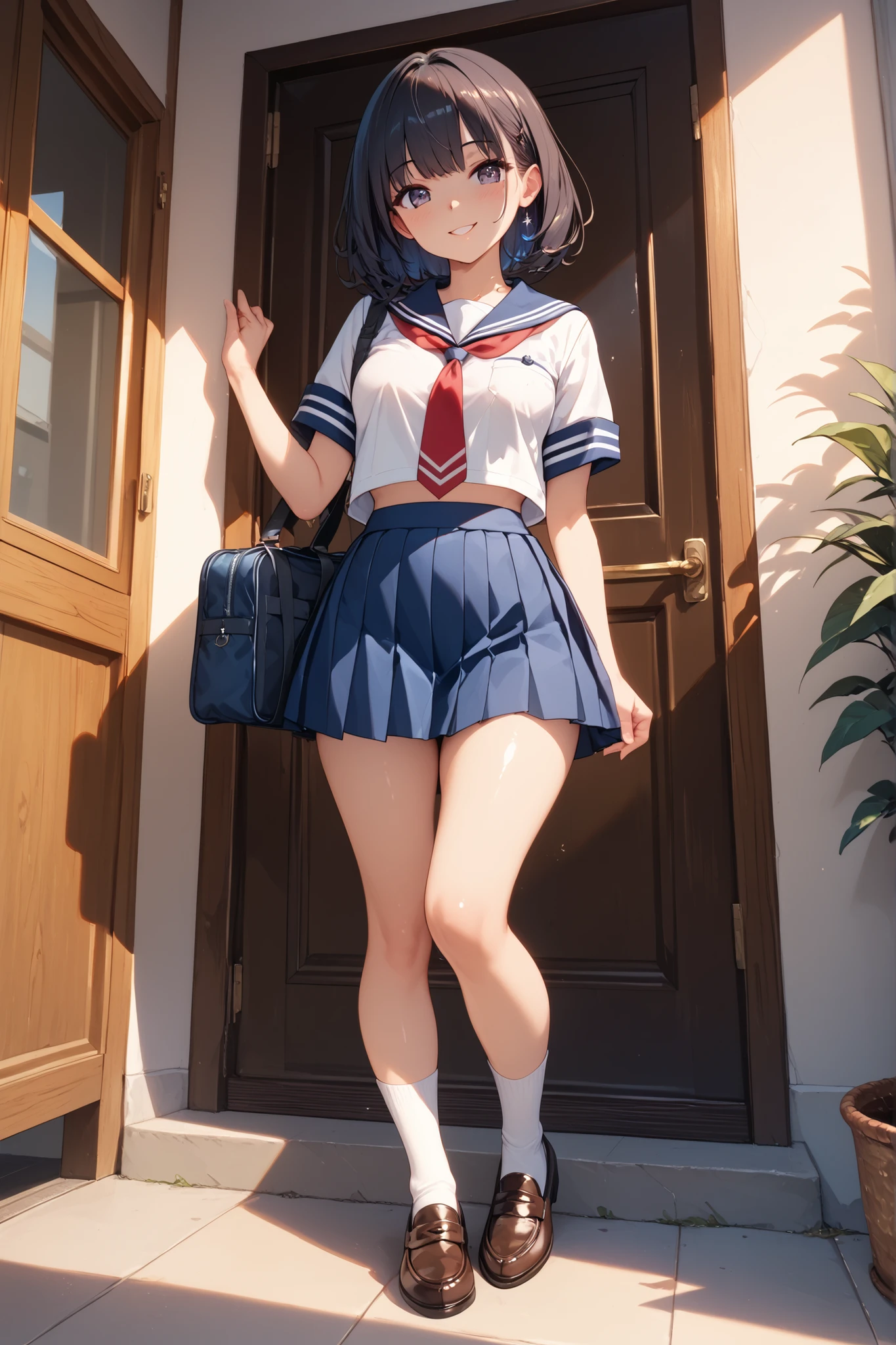 (masutepiece, Best Quality, Ultra-detailed, 8K, ), ((Perfect hands)), ((Perfect Anatomy)), medium cleavage, concrete abandoned building、 ((Attractive anime 1 girl)), ((Rei Ayanami)), ((Capturing her ethereal beauty with pale skin, The dense indigo short hair is impressive)),clean detailed faces、Look at viewers、 ((Bright red eyes)), ((Junior high school uniform))、((white panties), ((medium shot, From below)), Kamimei