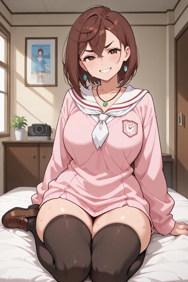 beautiful big breasts, brown hair, brown eyes, bob cut, blush, smile, bed, bright, school uniform, white shirt, Red checked skirt, happily frolicking, black socks, thick legs, black blazer, light blue panties, 