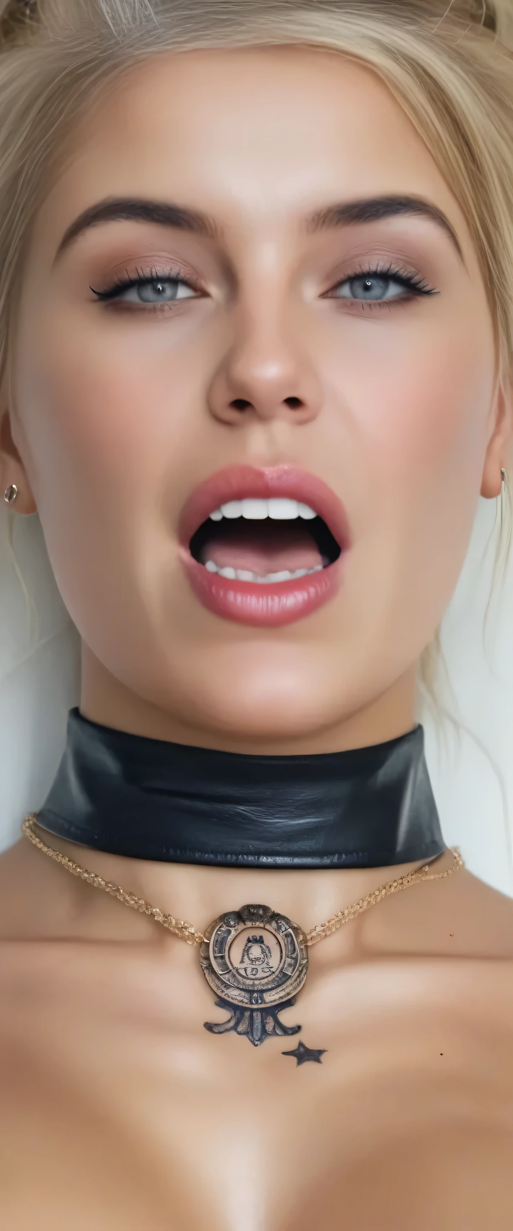 female bottom lip, pink lipstick.