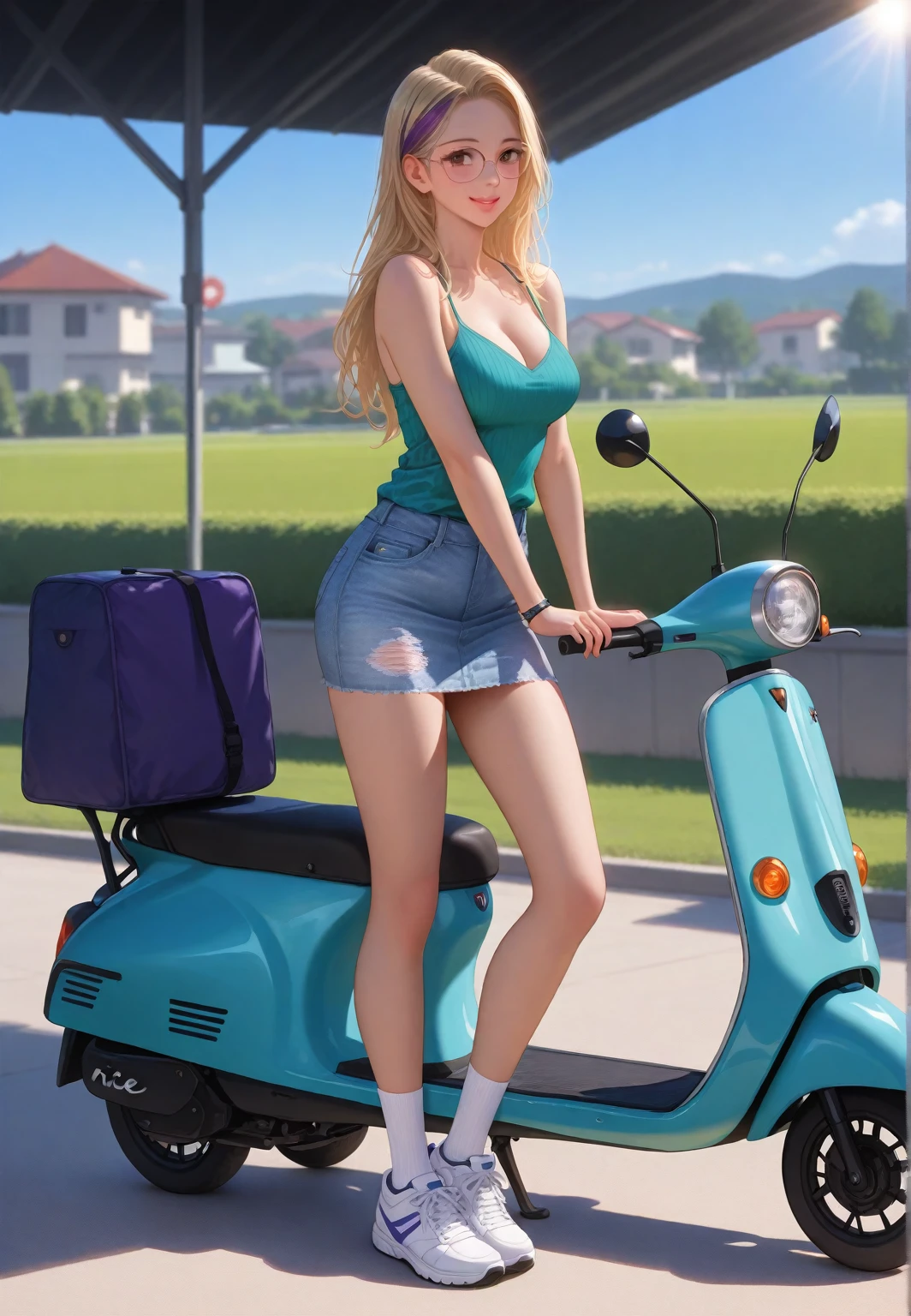 (masterpiece, highest quality, ultra high res, ultra detailed:1.3), 1 cute girl, ideal ratio body proportions, pink medium hair, half twintail, small breast, from below, front view, yellow baggy tank top, tank top covered nipples, blue denim mini (skirt, white panties:1.4), (sitting, open legs, riding on a seesaw:1.3), view from the other side of the seesaw, cameltoe, 