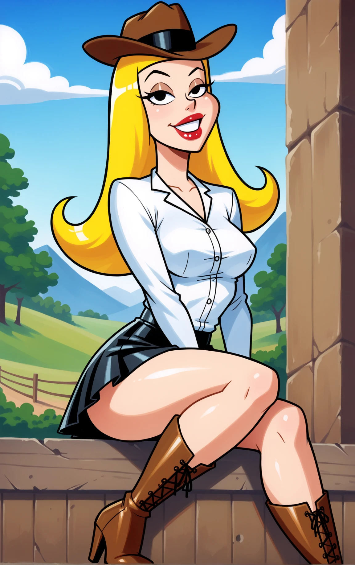 1girl, a total daram charater, Blobde girl wearing white  in a beautiful park)), ((blonde hair)), ((smug look)), ((wearing a white silk plunging shirt: 1.5)), (big breasts :1.4), (open her legs), ((public hair)), wearing white wet panties,