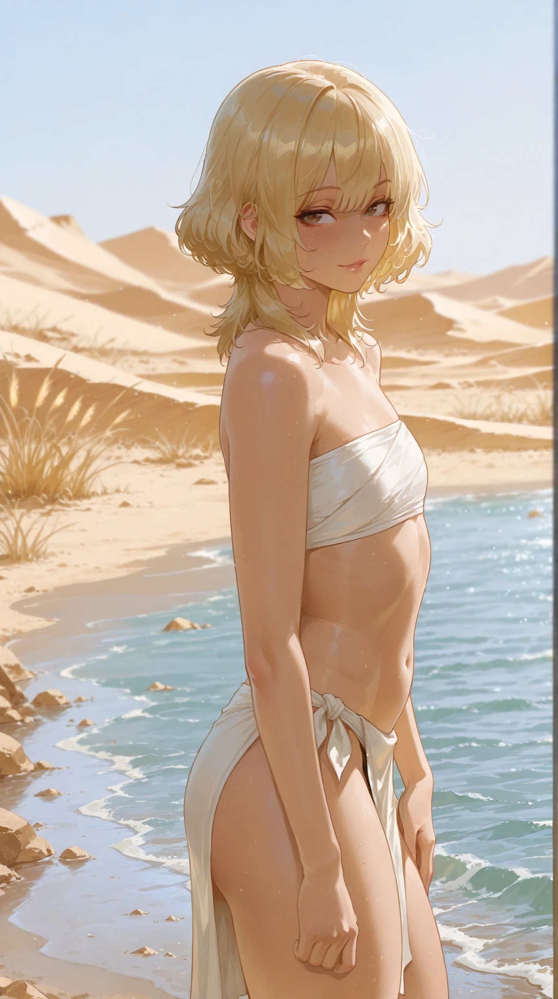 17 years old Women, ((Blonde)), ((Blue eyes)), ((Short hair)), ((Full Body)), in Jabba the Hut tatooine cell, using a metalic bikini costume with cape
