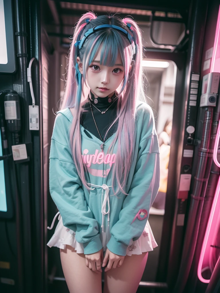 Full body shot of an asian woman wearing colorful streetwear that says "Unikawa Araso", White shoes, with long colorful dreadlocks, box braids, colorful pigtails, lisa frank style, colorful!!!, posing for a stylish photo shoot candid, she is happy and smiling, teal long braided hair, bright color, bright color, with aqua neon dreadlocks, multi-colored, lisa frank style, colorful hair, turquoise pink and green, outdoor background, photorealistic, ultra high definition, 16K