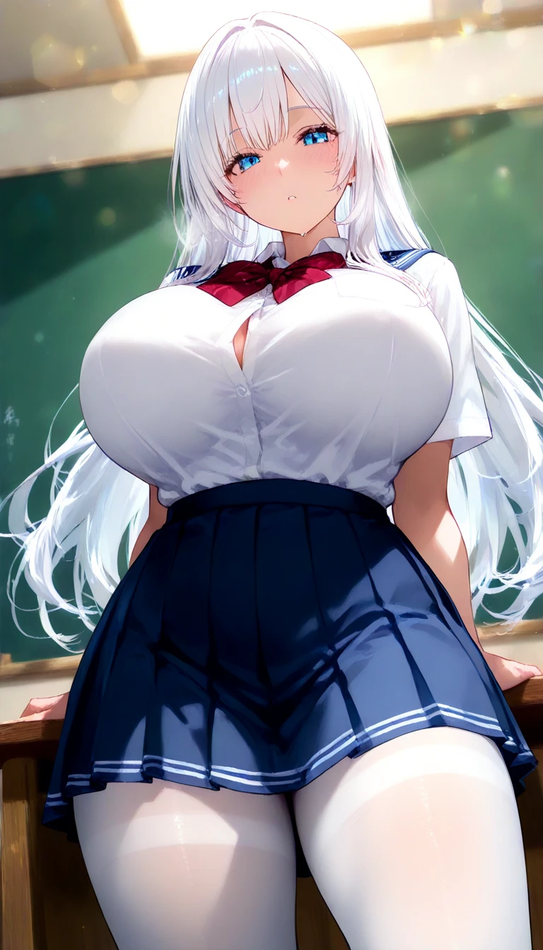 Soro Asuka, huge_breast, permanent, Solitary, White_shirt_blue_pause_skirt_School__Red_ribbon, masterpiece, best quality, Delicate face, Delicate eyes, high resolution,