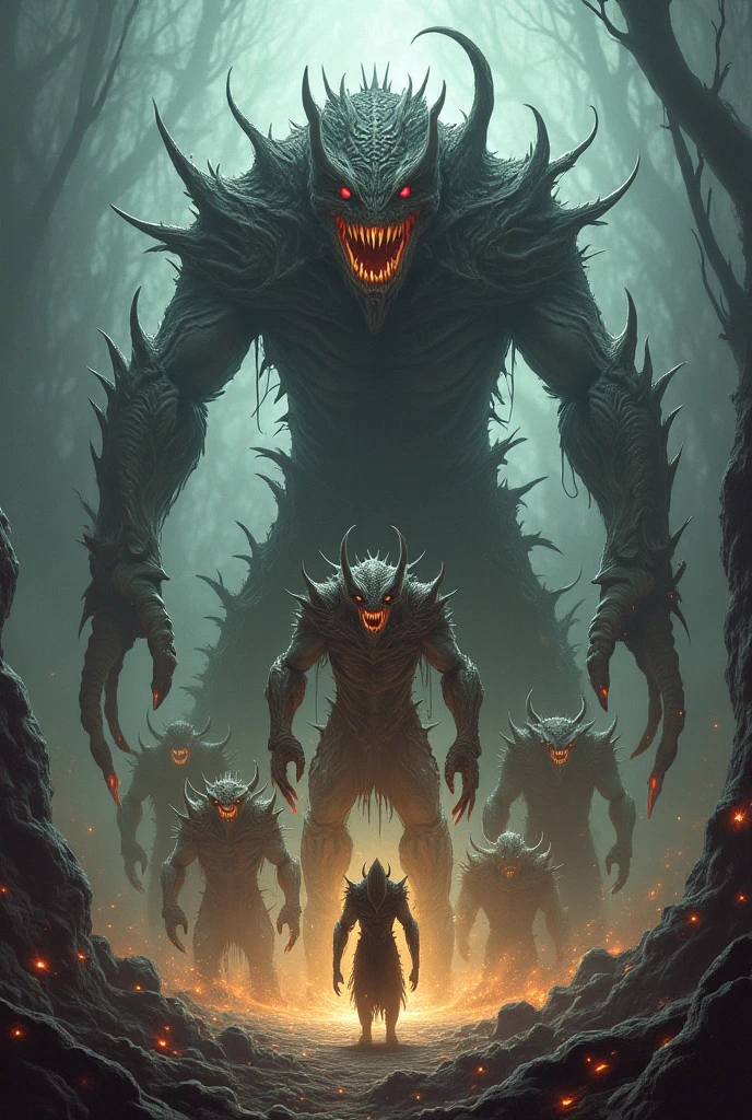 The Shadow Army, a horde of nightmarish creatures, emerges from the darkness. These beings, twisted and grotesque, have bodies shrouded in dark, ethereal mist. Their eyes glow with an eerie, malevolent light, and their limbs are long and sinewy, ending in razor-sharp claws. Some resemble twisted, demonic beasts with jagged horns and skeletal wings, while others are humanoid in form but with faces distorted into horrific visages of torment and rage. The air around them is thick with the stench of decay and the whispers of lost souls."