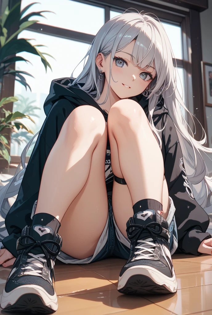 1 girl, black and white hair, masterpiece,(8k),(high details),absurd res, look at viewers, squat, scenary, mini skirt, sneakers, sweat, wet