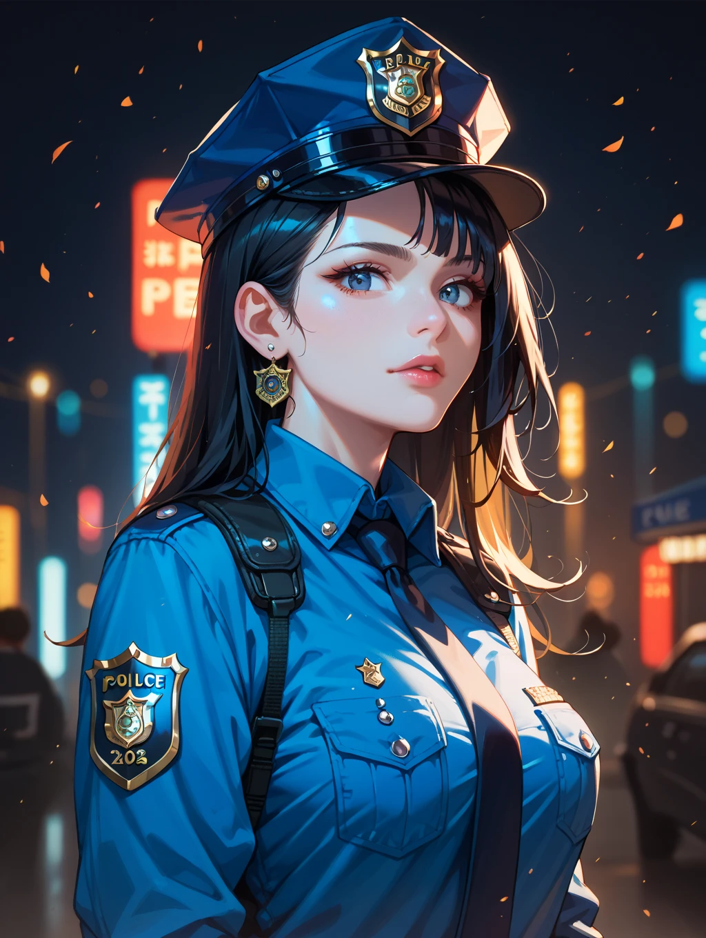 Close up of a smile with the corners of the mouth raised、police officers、Police officer costume、Cosplay、(realisitic、hight resolution)、(1 girl in)、police officers、Do-Up Eye、Korean Girl、(Best Quality), (masutepiece), (1girl in), Solo, a beauty girl, Perfect face, Big Breast,dreamlikeart、Highly detailed airbrush art((Surreal))、Volumetric lighting、(top-quality)、The ultra-detailliert、(The composition of the movement:1.4)、Highly detailed colorful details、(Bright lighting)、dynamic compositions、Ray traching、The mirror reflects light、Shallow depth of field、ultra-detailliert、mixing  exposure、nffsw、Her eyes are shining、Her police officer's face is、Full of expectations and courage for police officers.、A smile appears on the lips of a police officer。