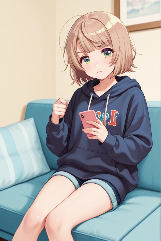 (Girl with a nasty appearance:1.3)、(Daytime:1.5)、(and chest:1.4)、Raw photography, top-quality, hight resolution, (masterpiece), (Photorealsitic:1.4), (Mole under the eyes),Anime Cosplay, foco nítido, nffsw, 8K分辨率, intricate detailes, depth of fields, the Extremely Detailed CG Unity 8K Wallpapers, front lit, femele,25-years old、 Happy face,Bangs covering one eye、(tying hair:1.5)、(Medium short brown hair)、(Big Black Hoodie)、blue eyess,(Living room of the house:1.5)、(Lying on the sofa:1.3)、(Full body depiction)、Fiddling with your phone:1.2)、The world shining through the window、Looking at your smartphone、Holding a smartphone in your hand