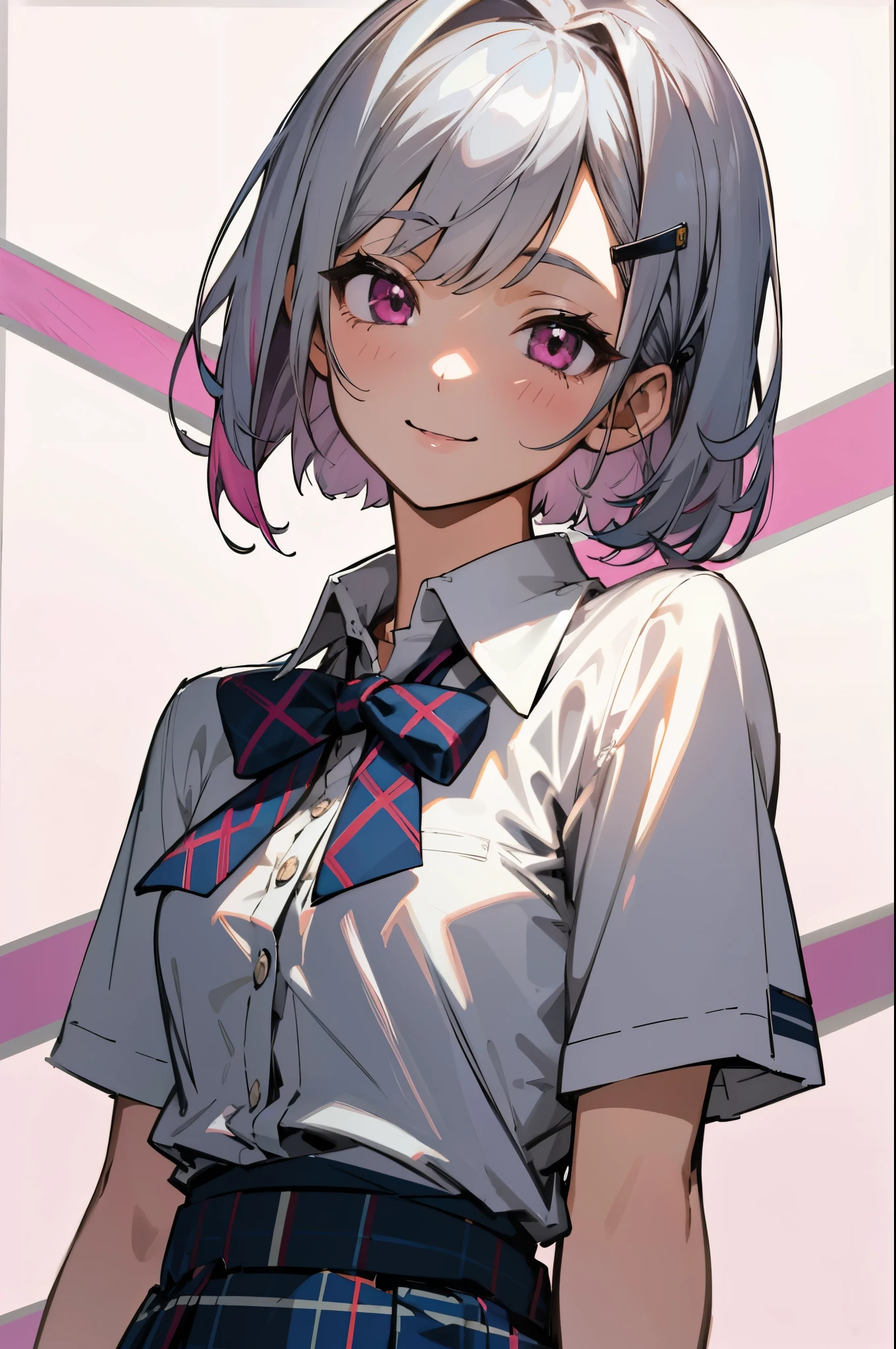 One person、solo、High Definition、 anime style painting、looking from the front、silver short bob hair、I'm putting my hair together with a barrette、pink eyes、white blouse shirt、tartan check skirt、Smile Yan、fixed with duct tape、Sharp Contours、Blur Background