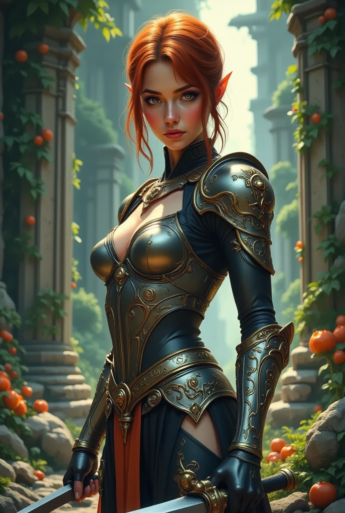 A female character based on the game version of Triss Merigold. She is in the fantasy royal gardens. She wears green and brown fantasy witch light armor. Her hair are red. Full body front view. Fantasy style. Realistic digital photo.