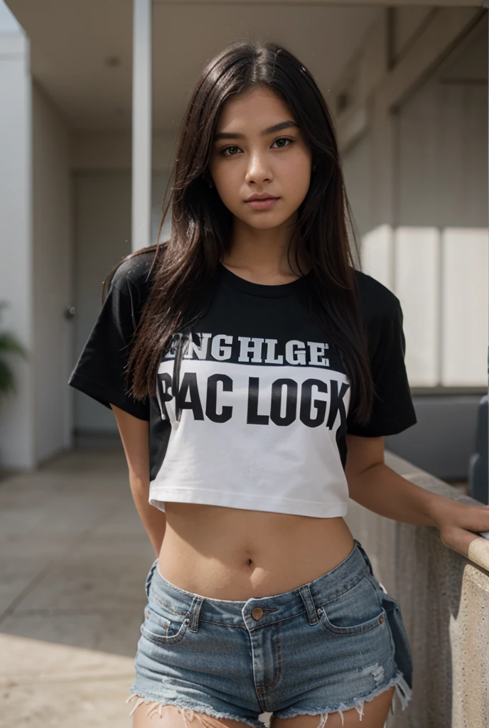 a young latina woman, with black hair that falls over her shoulders, she is wearing a black t-shirt, she takes a selfie, she is holding a credit card in her right hand