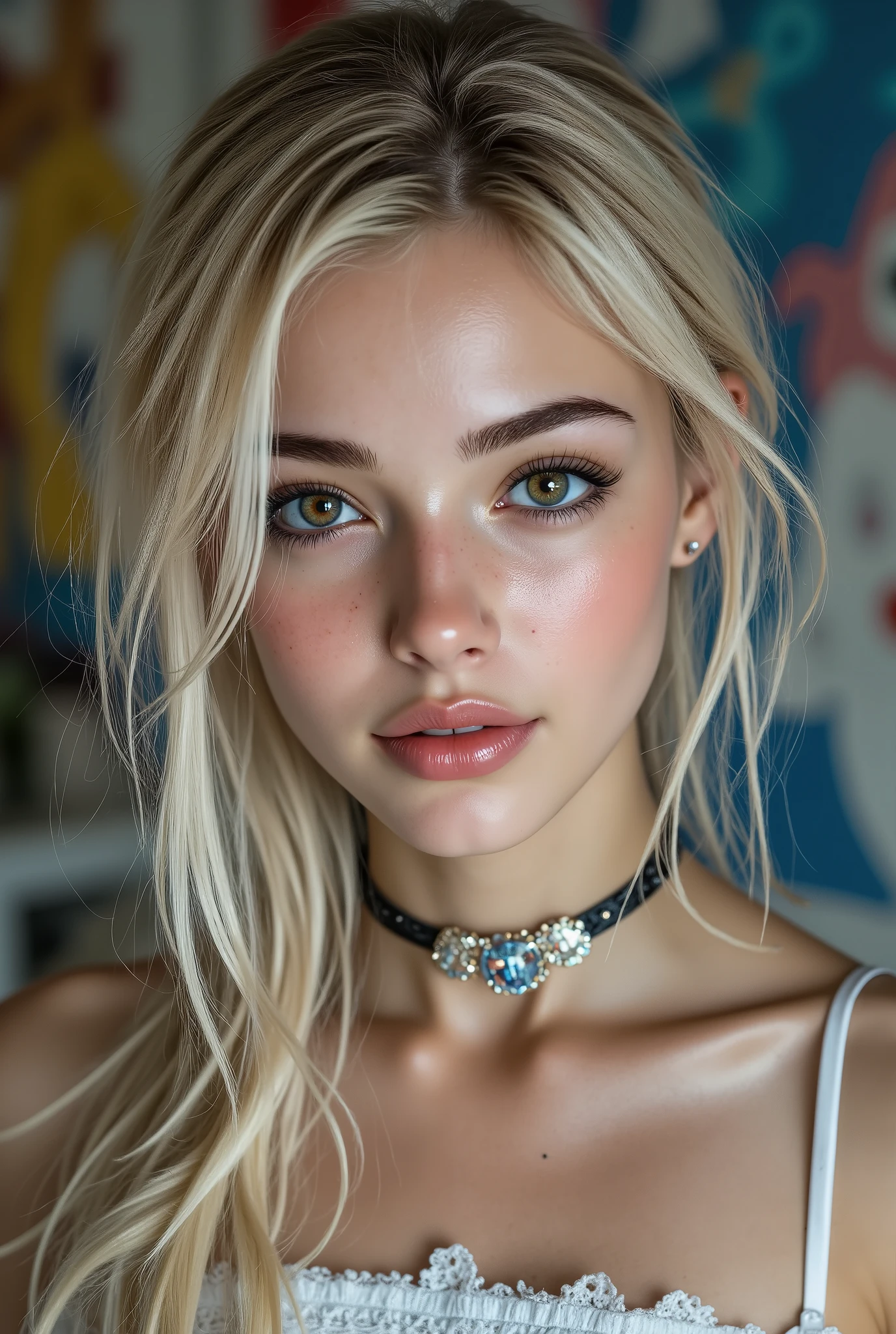 Realistic, (Photorealistic realism), ((ultra quality, extremely detailed digital art)), ((focus on extremely Realistic Proportion Body, Anatomically Correct:1.2)), Beautiful Girl, "ultra details Eyes: (acid-resistant terminology) (macro-details:1 . 25): * Moist corneal surface (visible aqueous layer:1 . 2) * Hyper-detailed iris stroma ((brown) with gold flecks) * Precise limbal ring (slightly darker pigmentation:1 . 22) * Pupil micro-texture (irregular edge authenticity:0 . 9) * Vasculature in sclera (subtle red veins radiating from limbus)" - "Lashes: blue individual synthetic fibers (crosshatched roots:1 . 2 , clump-free separation)" Technical Specs: (Optics: - "Zeiss Otus85mm f/1 . 4 lens (eye refraction calculations:1 . 3)" - "Shutter Speed:1/500 (freeze eye micro-movements)" - "Focus Stacking:7-point coverage on iris plane") (Post-Processing: - "Frequency separation for skin vs eye details" - "Selective sharpening: eyes200% , hair80%" - "Denoise: luminance20 , color35 (retain corneal speculars)") (Avoid: "pupil distortion , uncanny valley asymmetry , plastic-like wetness") UHD, perfect female body, {((Beautiful long legs in good style:1.35))}, ((no bra, no panties:1.3)), (medium butt), (skinny body build),(perfect hot model body:1.4), ((slim belly: 1.2)), (muscular body), dress a beautiful girl with a perfect figure in something nice, made of available materials (((latex), (lacy), (((leather))), ((jewelry)), steel, chains, chainmail, bracelets, pendants, earrings, everyday items)), I encourage you to draw them at the same time, ((Use any technique, any style, any outfit, Sew, ((embroider)),choose the color of your eyes, hair and even hairstyles)), ((I encourage you to choose the right background for your phenomenally drawn creation)), (Use any technique, any style, any outfit, arms tattoo,((micro skirt)),angelic cute face,white teeth, perfect beauty, long eyelashes, neon pink lips, oiled skin (psychedelic background, paranoia background),