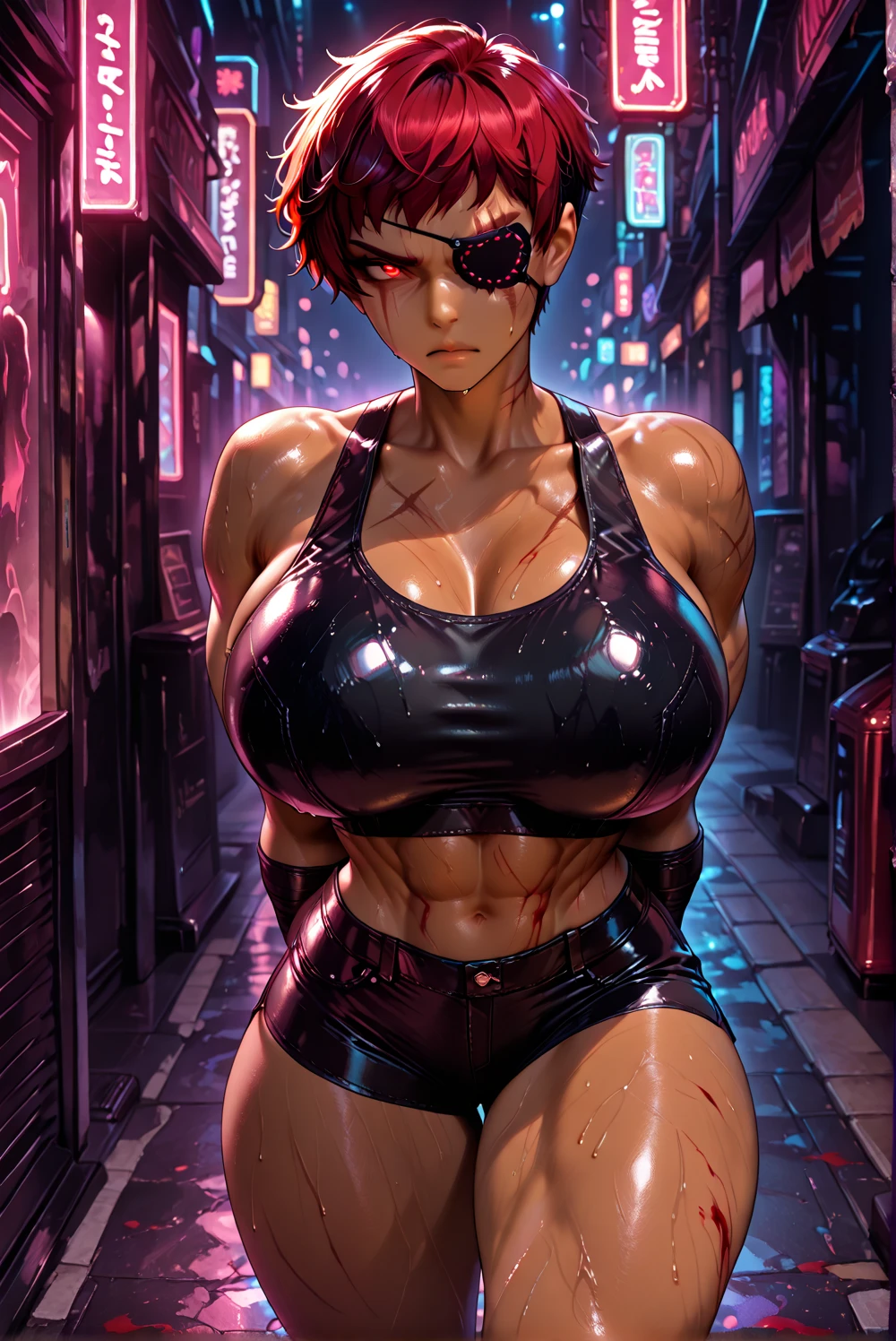 very young slim fit girl, full height, shy smile, perfect huge breast, cinematic light, HDR picture, 16k, masterpiece, cinematic light, ultra realistic, high definition picture, un, purple hair, (two sides up:1.2), (short hair:1.1), big green eyes, two twintails, ripped short red jumpsuit, tight microbikini, looking at camera, headphones, outdoors, (night:1.1), scenic view, cyber Moscow 2077, Russia, realistic, photo background, realistic skin texture, detailed background, beautiful and detailed artworko