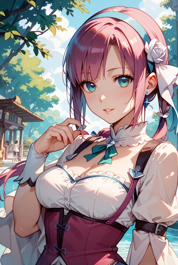 <lora:PONY_character_senba_kouki:1>,cleavage,smile,1girl,solo,senba_kouki,pink_hair,purple_eyes,looking_at_viewer,, score_9, score_8_up, score_7_up, score_6_up, score_5_up, score_4_up