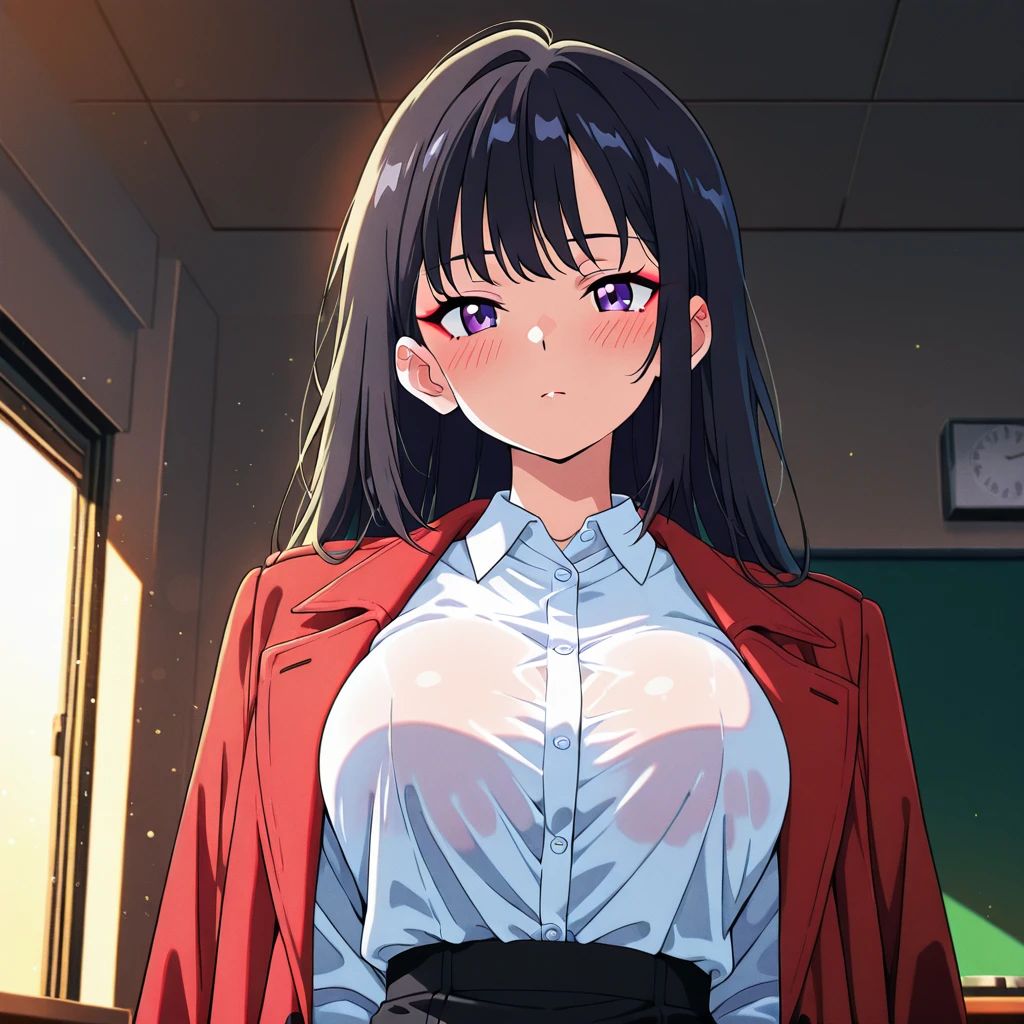 teacher uniform, classroom background, NJAkiV4, oda non style, anime cels style, purple eyes, long hair best quality, high resolution, (huge breasts:1.4), cowboy shot, blush, smiling, 1 girl, 20yo,Young female,Beautiful Finger,Beautiful long legs,Beautiful body, Beautiful Nose,Beautiful character design, perfect eyes, perfect face,expressive eyes, perfect balance, looking at viewer,(Focus on her face), official art,extremely detailed CG unity 8k wallpaper, perfect lighting,Colorful, Bright_Front_face_Lighting,White skin, (masterpiece:1.0),(best_quality:1.0), ultra high res,4K,ultra-detailed, photography, 8K, HDR, highres, absurdres:1.2, Kodak portra 400, film grain, blurry background, bokeh:1.2, lens flare, (vibrant_color:1.2),professional photograph, (Beautiful,huge_Breasts:1.4), (beautiful_face:1.5),(narrow_waist)