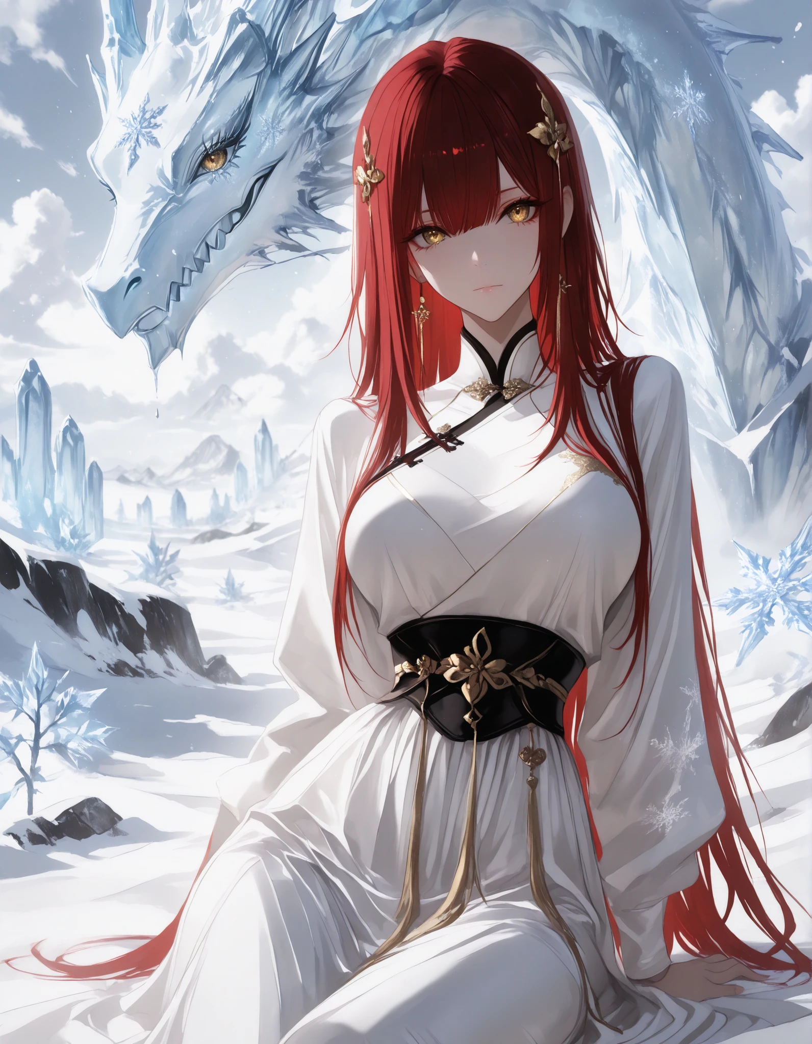 {white theme},muted color, 1 girl , golden eyes , very long hair , long sidelocks, red hair , petite , very cute , beautiful ,Straight hair, cool, handsome, hair between eyes, mediumlarge breast
, solo, alone, straight bangs, hime cut, hair ornament, wearing white chinese hanfu and long skirt, clouds, ice, frozen, huge ice dragon background,snowflake\(SYMBOL\), snow effect, light leaks,fantasic world,
masterpiece,best quality, ultra detailed, complex detail,maximum resolution, (aesthetic:1.3), (absurdres:1.3),
