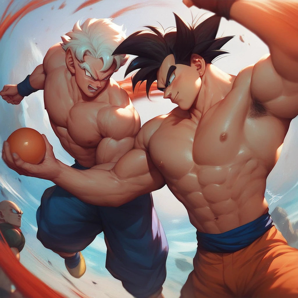 (Eine detaillierte Zeichnung von goku, Bodybuilding-Fitnessstudio.), With a naked torso, Ripping clothes, the strongest of all, huge muscular body, big Bizeps, big shoulders, Muskelbeine,Abs, Barefoot, Kampfkunst, hoher Tritt, Full body image, Rear view, seitliche Brust, knirschen, Wrestling-Suplex