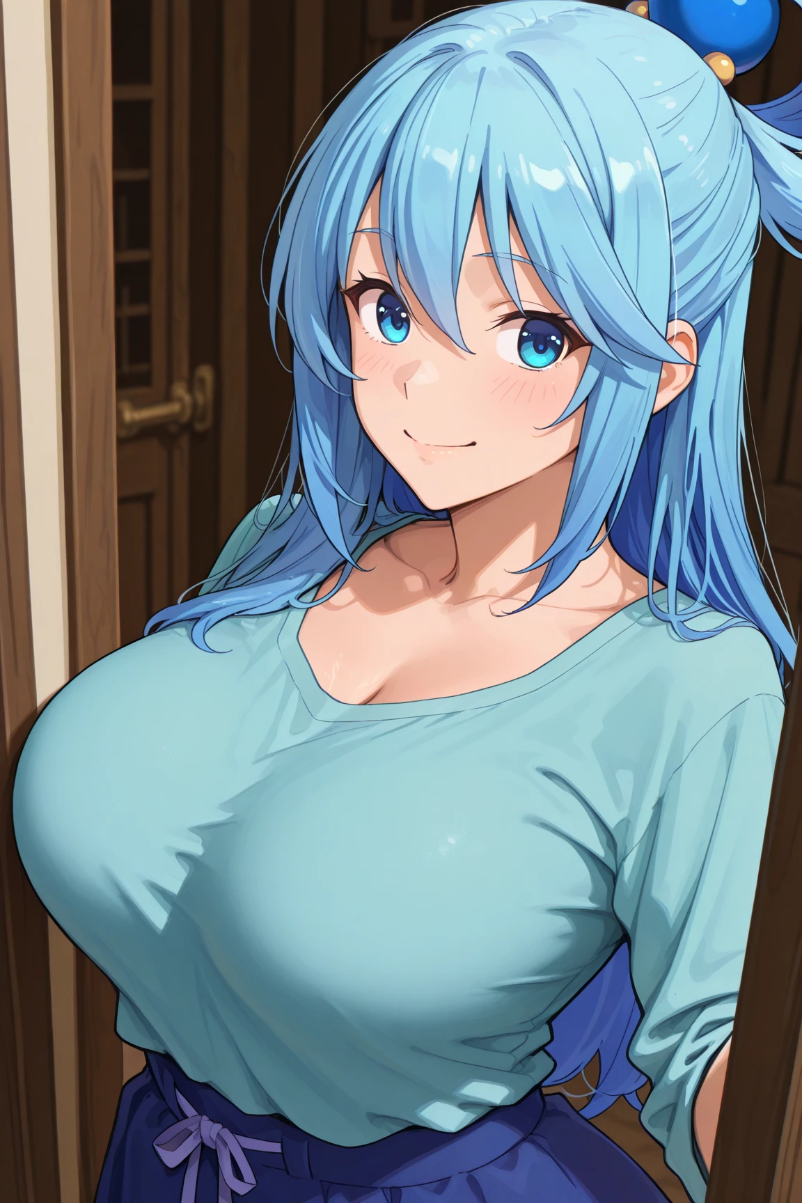 An anime-style artwork depicting ruan mei from the game Honkai star rail.
Tags: ruan mei, anime, detailed eyes, detailed lips, black crop top, (short kimono:1.1), bare shoulders, cleavage smiling expression, intense gaze, glowing emblem on hand, dynamic pose, indoor, luxury palace, vibrant colors, digital art, high-resolution, professional quality, gigantic breasts, (underboob : 1.4), curvy, cowboy shot, (gigantic breasts: 1.4), (blue eyes: 1.4), (light Aquamarine Blue hair: 1.4), short hair