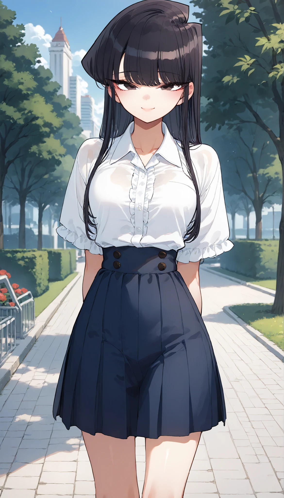 score_9, score_8_up, score_7_up,anime coloring,ultra-detailed,official art,best quality,good quality,BREAK,1girl,solo,komi_shouko, black eyes, black hair, long hair,BREAK,white summer style clothes,BREAK,small smile,standing,BREAK,outdoor,park,full body,looking at viewer,front view