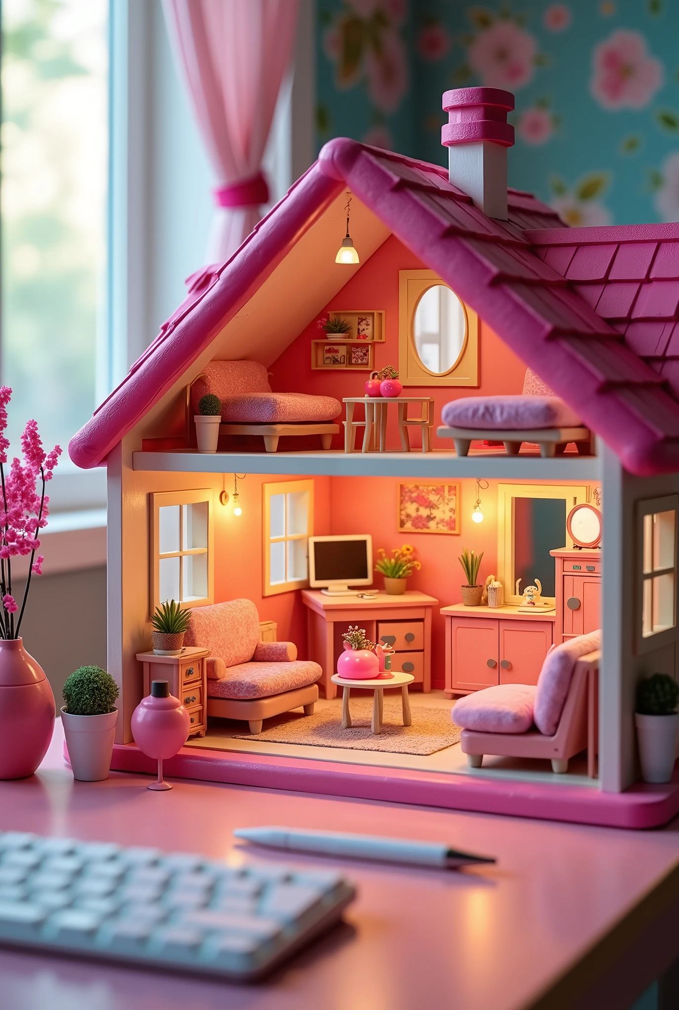 Create a hyper-realistic photograph capturing a charming Barbie-themed scene. The image showcases a detailed diorama of a Barbie house placed on a desk, featuring a delightful and cozy Barbie room. The setting is bursting with vibrant, colorful elements, creating a lively and cheerful atmosphere.