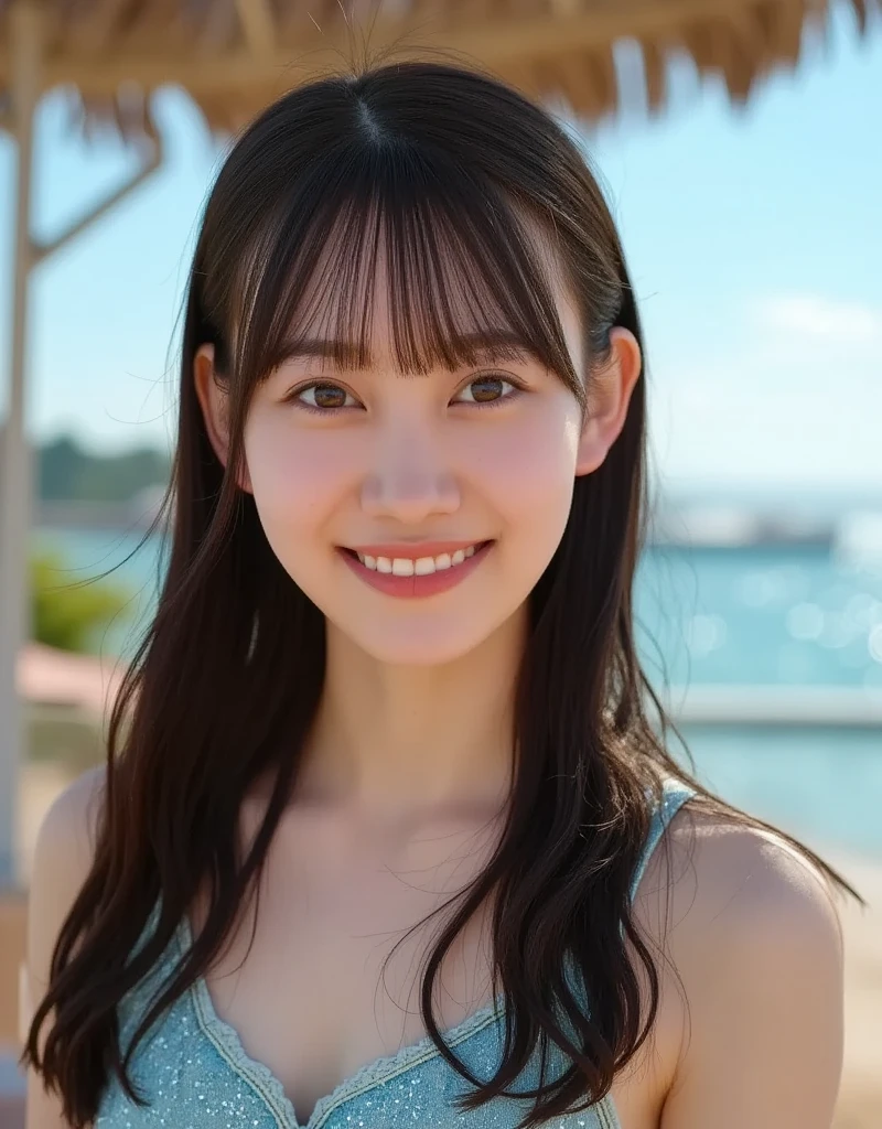 (8k, top-quality, masterpiece:1.2), (realisitic, Photorealsitic:1.37), Ultra-detail, One Girl,cute little, solo,Beautiful detailed sky,date,(Nasal blush),(a smile:1.15),(a closed mouth)tiny chest、beatiful detailed eyes、(length hair: 1.2)、Floating Hair NovaFrogStyle、The upper part of the body、Tank tops、An 18-year-old woman、Happy smile