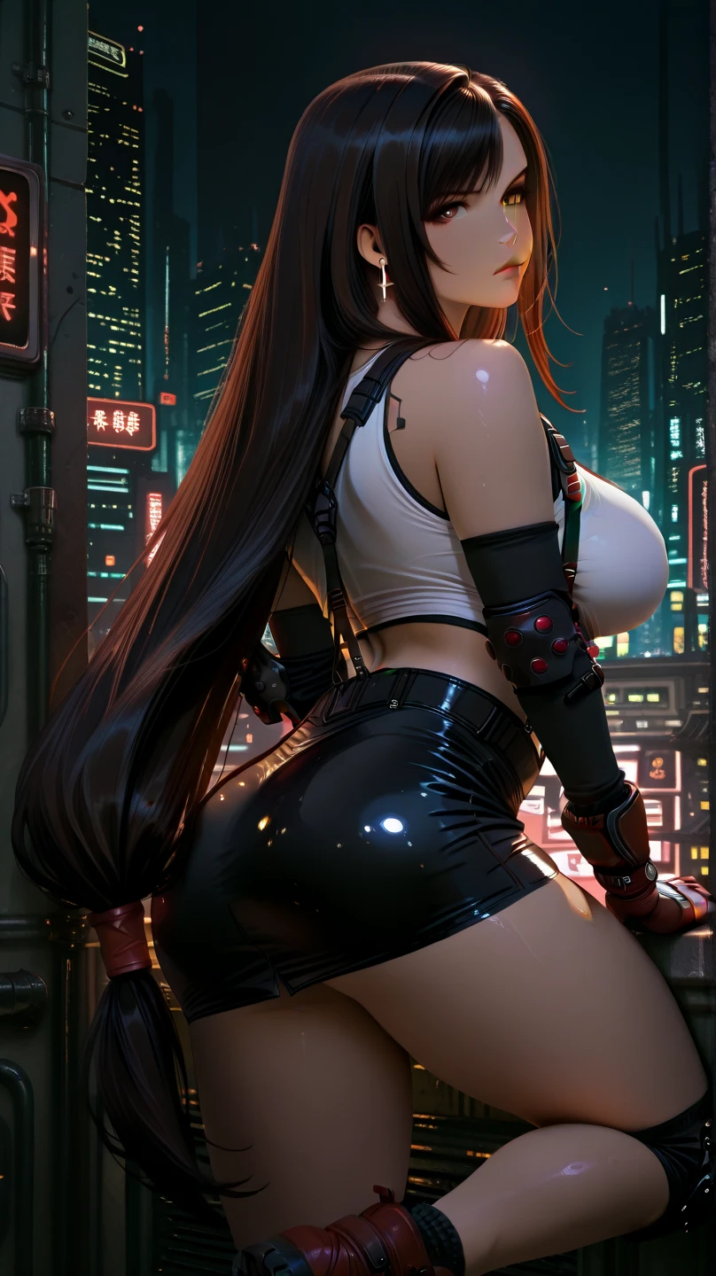 Tifa Lockhart, ff Tifa_lockhart, FF7, sultry face, (Gilet blanc:1.2), Black miniskirt, (Black long hair), Hair bangs (Red eyes:1.3) Long eyelashes, beautiful red eyes with brightness, surrealism, black shadows, stereograms, (Photorealistic, Realistic: 1.2), angle of view, Atmospheric perspective, Cinematic lighting, Ray tracing, 8K, Super detail, Best quality, Masterpiece, detail-rich, (Canan EOS R6, 135mm, 1/1250s, f/2.8, ISO 400:0.9), Cyberpunk, neonlight, Neon signs, ramen shops, (Huge breasts:1.5) Red gloves,(((From behind))),(((From below)))