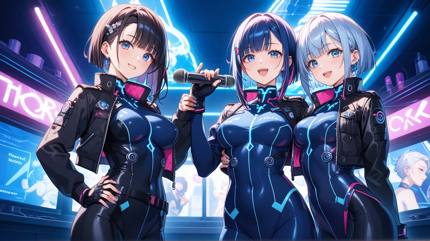 (((High resolution))), (((Very detailedな))), (((Three Girls:1.3))),((7Head to Body:1.3))、 (((Midday Blue Background)))、(((Cute face:1.3))), (((smile:1.5)))、(((Beautiful and detailed eyes:1.3))), (((Very detailed))), (((Details face:1.5))), break , ,sunny, ,((GANTZ Suit:1.2)),((Very delicate body))、((Very flat chest))、((Small waist))、((thigh gap:1.2))、Friendly atmosphere,((from side))、Normal limbs、