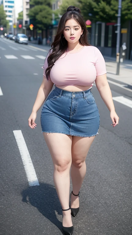 ((best quality)), ((masterpiece)), (detailed), perfect face, araffe woman in a dark-blue shirt and blue denim skirt walking down a street, thicc, she has a jiggly fat round belly, bbwchan, wearing tight simple clothes, skinny waist and thick hips, widest hips, her belly is fat and round, soft curvy shape, hyperrealistic full figure, wearing a cute top, wide hips, wearing 10 bracelet , wearing huge diamond necklace