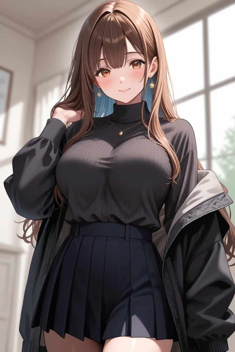 (8K、Highest image quality、highest quality、masterpiece)、detailed face、1 girl、brown hair、long hair、wavy hair、diagonal bangs、brown eyes、smile、((very big breasts))、((white shaggy turtleneck:1.2))、((dark brown plaid pattern pencil skirt:1.2))、black pantyhose、cowboy shot、Urban background
