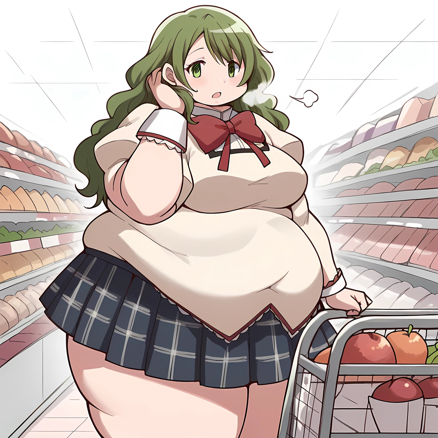 score_9, score_8_up, score_7_up, source_anime, hitomi shizuki, long hair, green eyes, green hair, wavy hair, medium breasts,, skirt, school uniform, mitakihara school uniform, puffy sleeves, plaid skirt, pleated skirt, bowtie, red bowtie, grocery store, shopping cart, picking fruits, everyday life, , tucking hair, adjusting hair, hand on own hair, hair behind ear,, looking at viewer, solo,, dutch angle, cowboy shot fat, chubby, obese, gigantic arms and legs, large breasts open mouth, out of breath