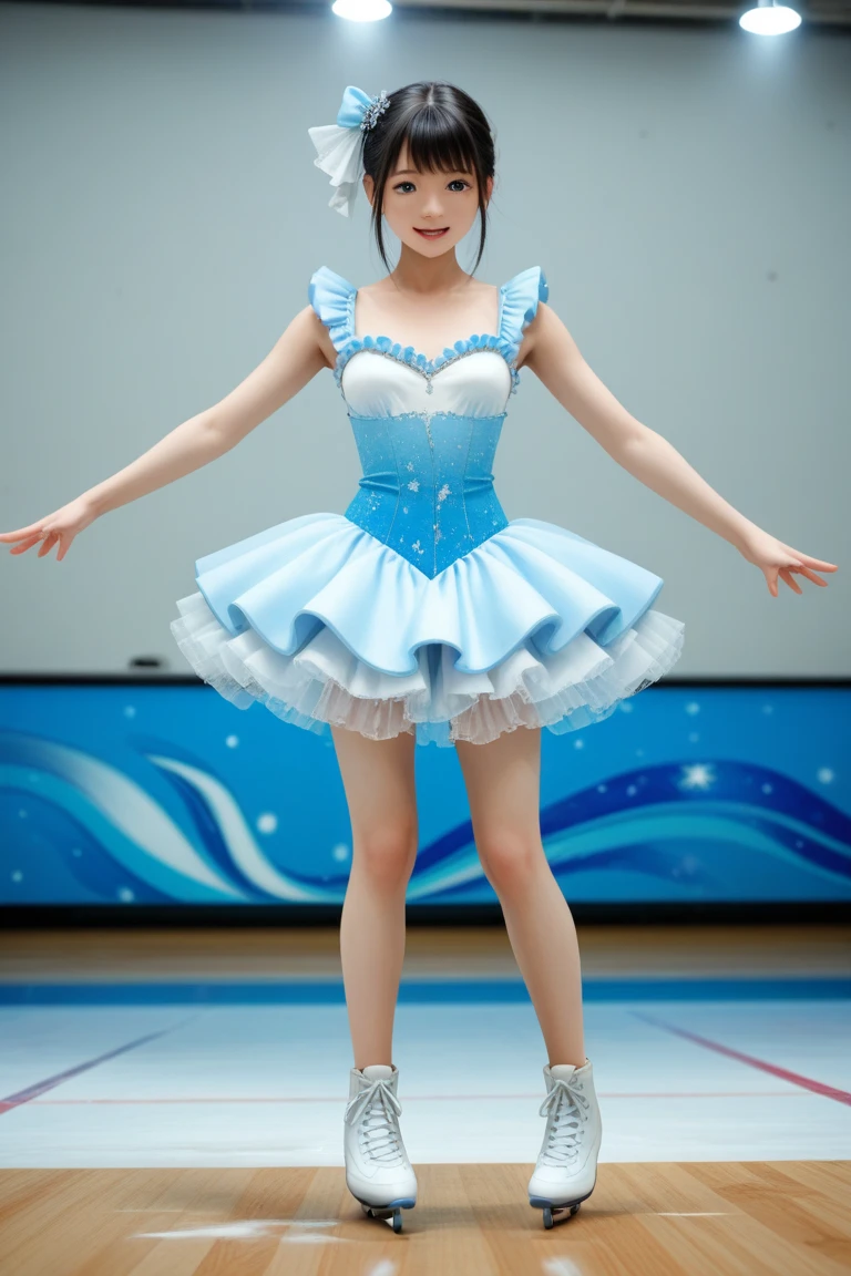 crystallthings, glass figurine, crystal, leotard, light smile, obi, simple background, smile, solo, hair bun, full body