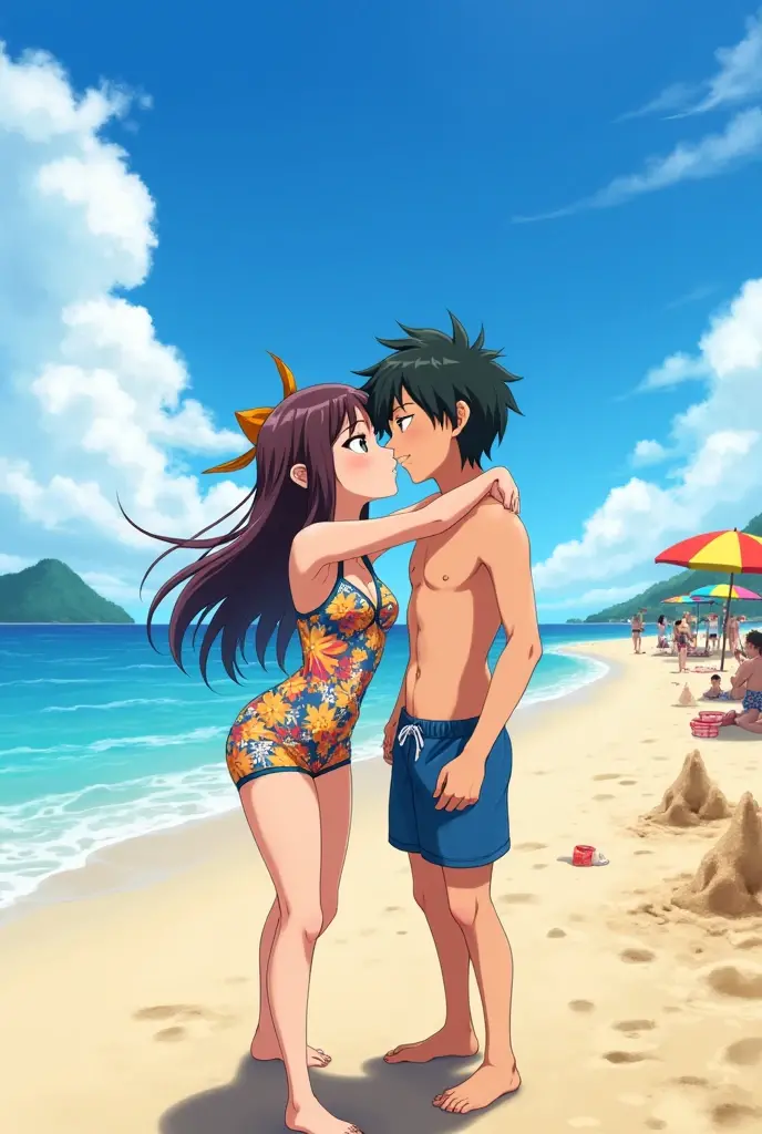 Kirito and Asuna, Blushing and smiling two people in bikini sitting on the beach, big breasts breast enlargement breasts pumped up looking at camera full-body shot illustration, ultra-detailed, HDR, vibrant colors, soft lighting high quality and super detailed