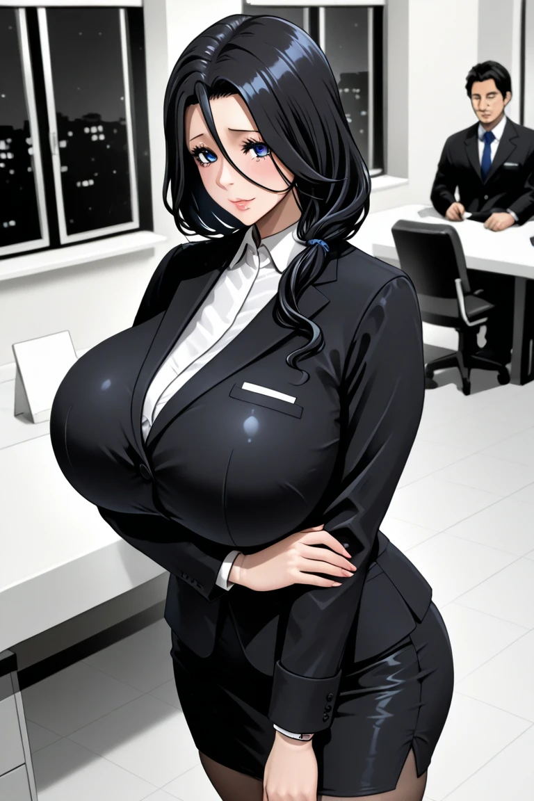 Super-detailed, 8k HD, 1 girl, solo, long black hair, slender hips, thick thighs, huge and droopy breast, huge round ass, black office suit and mini skirt, standing in the hallway, serious face, looking at the viewer, view from the front