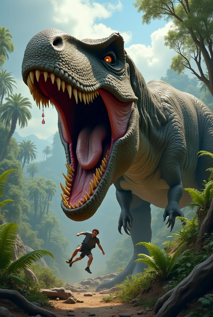 D rex eating another flying dinosaur, green and orange tones