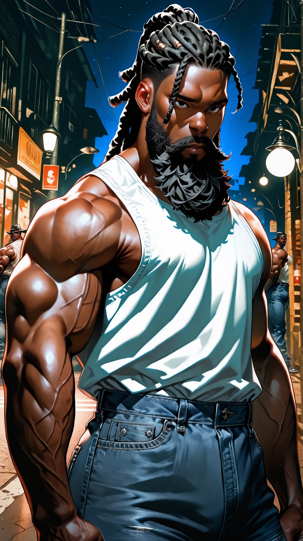 very aesthetic, 걸작, 고해상도, 8k 해상도, high contrast, (semi-realistic), newest, koreanai, RP-Illu, best_quality, finely_detailed_eyes_and_detailed_face, (1 black_man), solo, dreadlocks, IllustratedafricanmaleV1.5, dark-skinned male, african male, african, big beard, white tanktop, denim_pants, (street, night), looking_at_viewer, dynamic_angle, (muscular:1.3),(strongman:1.4), tall_height, black_eyes, black_hair 