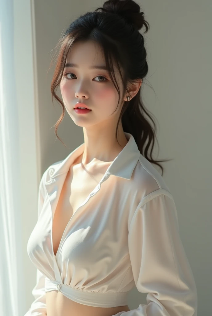 Close-up of a woman in a white dress posing for a photo, beautiful chinese model, beautiful south korean woman, korean girl, hwang yeji, beautiful young korean hwang yeji, beautiful asian girl, hwang yeji, dilraba dilmurat, hwang yeji, 🤤 girl portrait, Beautiful young Korean woman, pale milky white porcelain skin, Itzy Yeji
