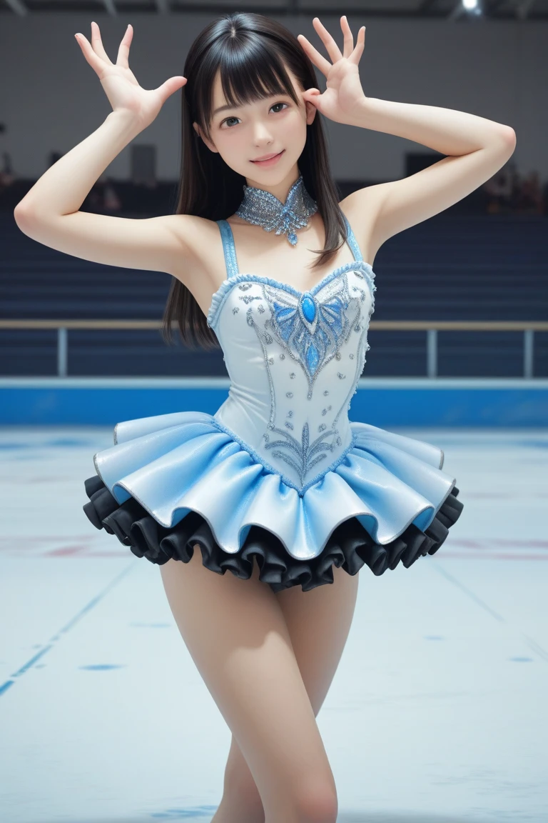 16K quality、最high quality, High resolution., Actual photo、Realistically、Realistic texture、Full body portrait、(((At the link)))、(20代のとても美しいFigure skater)、Figure skater、(Are standing_Split、At the linkI字バランス、Raise one leg vertically above your head、Stretch your legs、Extend your knees and raise your legs、Grab the raised leg with one hand)、((My skirt lifts up due to my violent movements.、She shows off her white panties under her deliberately rolled up skirt..))、(C cup breasts)、((blue eyes))、(High cut thong purple panties)、Be sexually aroused、smile、Embarrassing、((sexy figure skating dresses、Sheer long sleeves、Ultra-thin white tights))、 (White skate blades)、((Beautiful shiny blonde hair、Semi-long hair、Cover one ear ))、choker、Beautiful feet、(Big eyes、No makeup、Very beautiful and delicate makeup, light makeup,)、Perfect body、Perfect hands、Perfect Fingers、Detailed and beautiful thin lips、clear, Beautiful face and well-proportioned eyes、Highly detailed eyes and face、Clean nose、Thin eyebrows、Realistic Light、 (Soft Light, high quality, Smooth and sharp, 10x pixelation, Beautiful eyeshadow)、Cute round face, Plump thighs、Accentuate your thighs、Hairstyle with bangs、Slender body、slim、Light-reflecting skin、Model Body Type、8From head to body、Low Angle、The light in your eyeakes your face smaller、double eyelid、Lip gloss、avert your eyes、Background Blur、Cinema lighting from the front、Light on the face