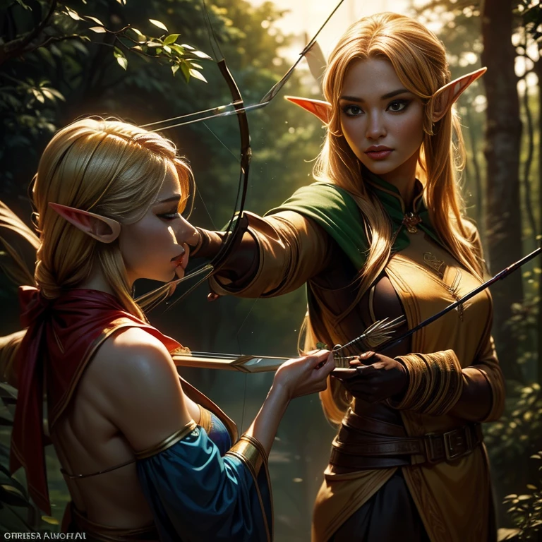 ((hunting_Aiming at Prey_A long bow and arrow is aimed at the prey_Elf_Shooter_Archer:1.9))、Blonde medium hair、Big Breasts、Narrow waist、Big Butt、Ideal proportions、Oily skin with detailed、(Wearing a revealing, beautiful and delicate outfit:1.6)、Carry a quiver on your back、(Highest quality、4K、8K、High resolution、masterpiece:1.2)、Very detailed、(Genuine、Realistic、Realistic:1.37)、詳細なElf、Fantastic lighting、green々leaf、Magical atmosphere、Dramatic Shadows、Beautiful night forest scenery in vibrant colors
