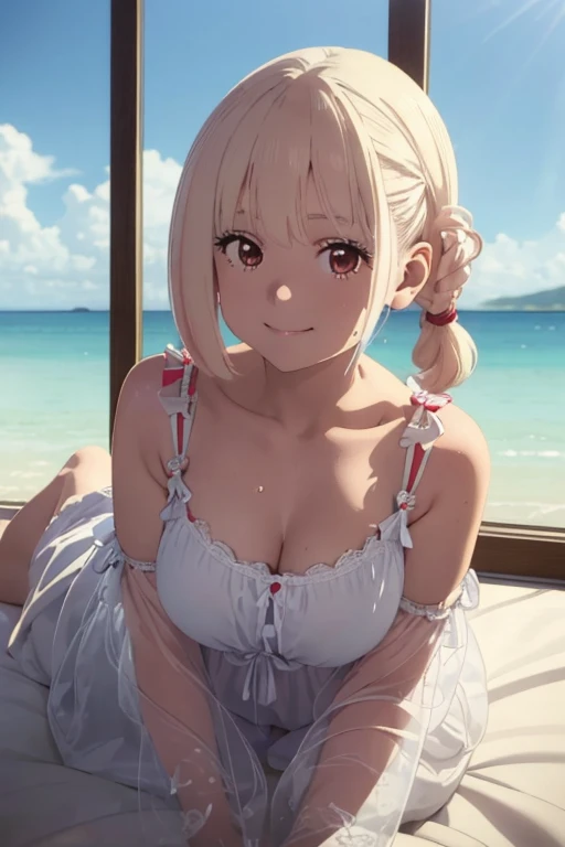 Highest quality、High resolution、Detailed Background、Realistic、RAW Photos、(Beautiful face in every detail:1.4)、Anatomically correct、(Normal number of fingers:1.2)、(Highly detailed face:1.4)、(Detailed eyes)、Teenage beauty、Perfect body line、(Huge breasts:1.2)、Light color hair、ponytail、Braided bob cut、Braided long hair、Wavy Hairstyle、well-groomed eyebrows、cute仕草、Jokingly、Sleeveless white sailor suit、White sailor collar、Pleated andy beach in clear weather、barefoot、Blushing、My clothes are wet and transparent、Show your side、(Underboob:1.2)、(Panty shot:1.2)、
(Beautiful girl lying on the beach:1.5)、cute