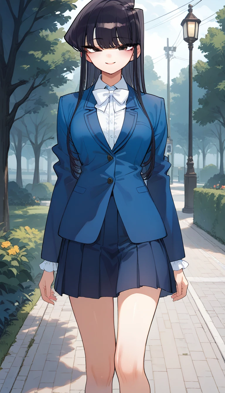 realistic anime illustration of a young beautiful woman standing and looking at viewer at campus, she wearing navy-blue blazer, pink shirt with navy-blue tie, navy-blue pencil skirt, black heel cutshoes, (1girl, solo, full body), (masterpiece, best quality), vivid colors